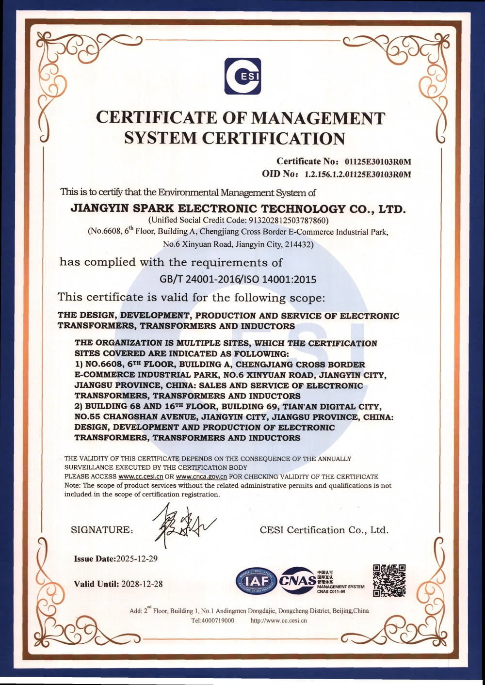 ISO 14001 Environmental Management Certificate